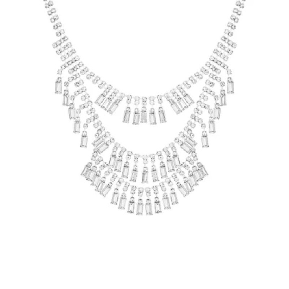 Silvertone & Cubic Zirconia Triple-Tier Statement Necklace
